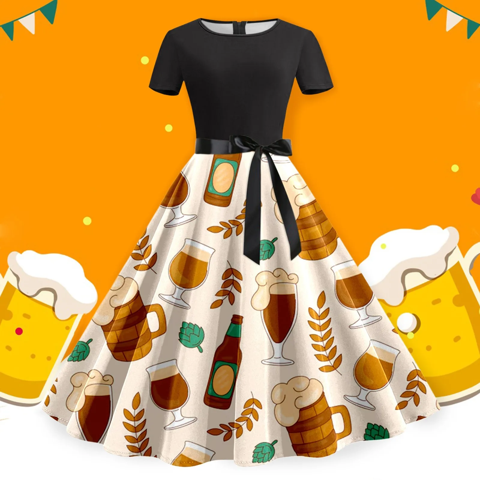 Casual Vintage German Oktoberfest Dirndl Costume Beer Printed Lace-Up Large Swing Dress Carnival Festival Hallowee Ladies Dress