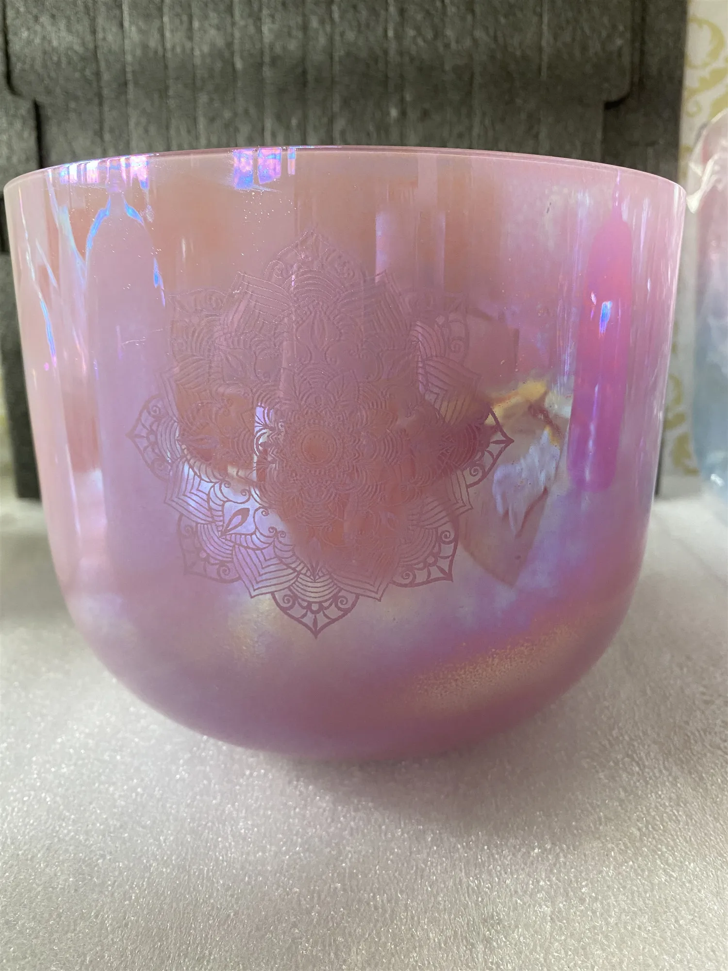 

3rd octave B note crown chakra Cosmic milky purple crystal singing bowl with engraving "Om Mandala" 432Hz for sound healing.