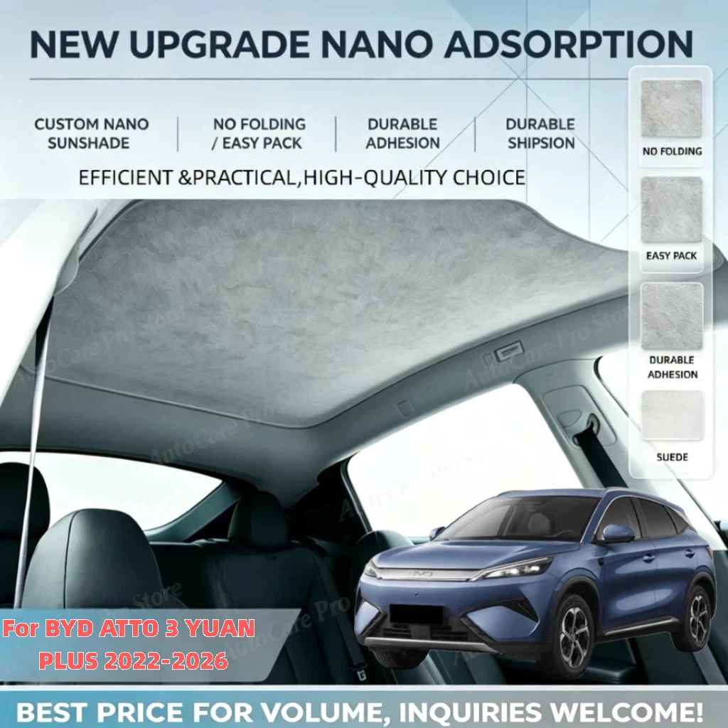 For BYD ATTO 3 YUAN PLUS 2022-2026 Car Suede Fabric Anti-uv Electrostatic Adsorption Sunroof Sunshade Heat Insulation Skylight