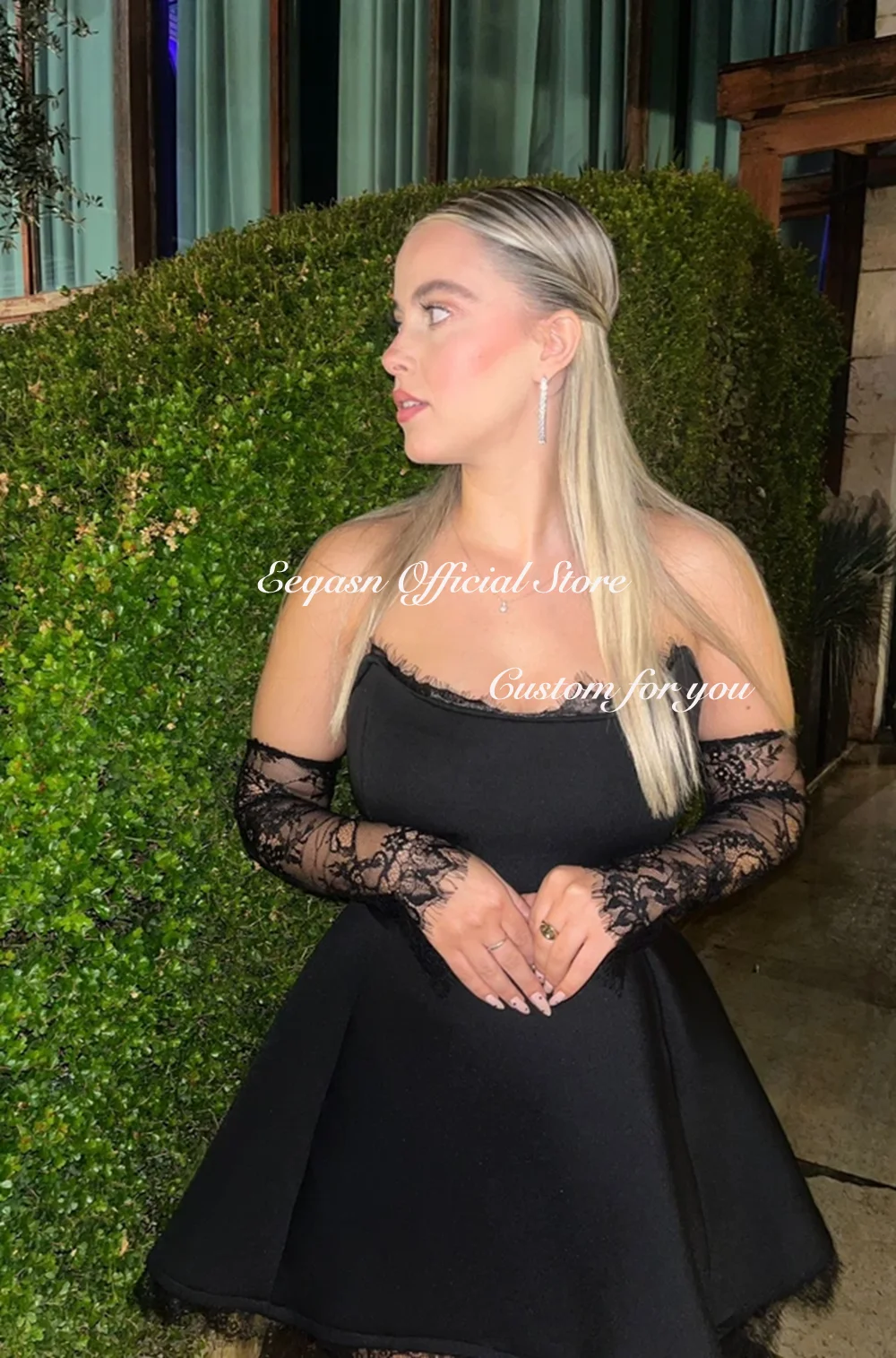 فساتين سوداء صغيرة للحفلات الراقصة فستان قصير أنيق للحفلات المسائية بدون ظهر دانتيل وأكمام طويلة لحفلات الكوكتيل فيستدوس دي فيستا مخصص #2