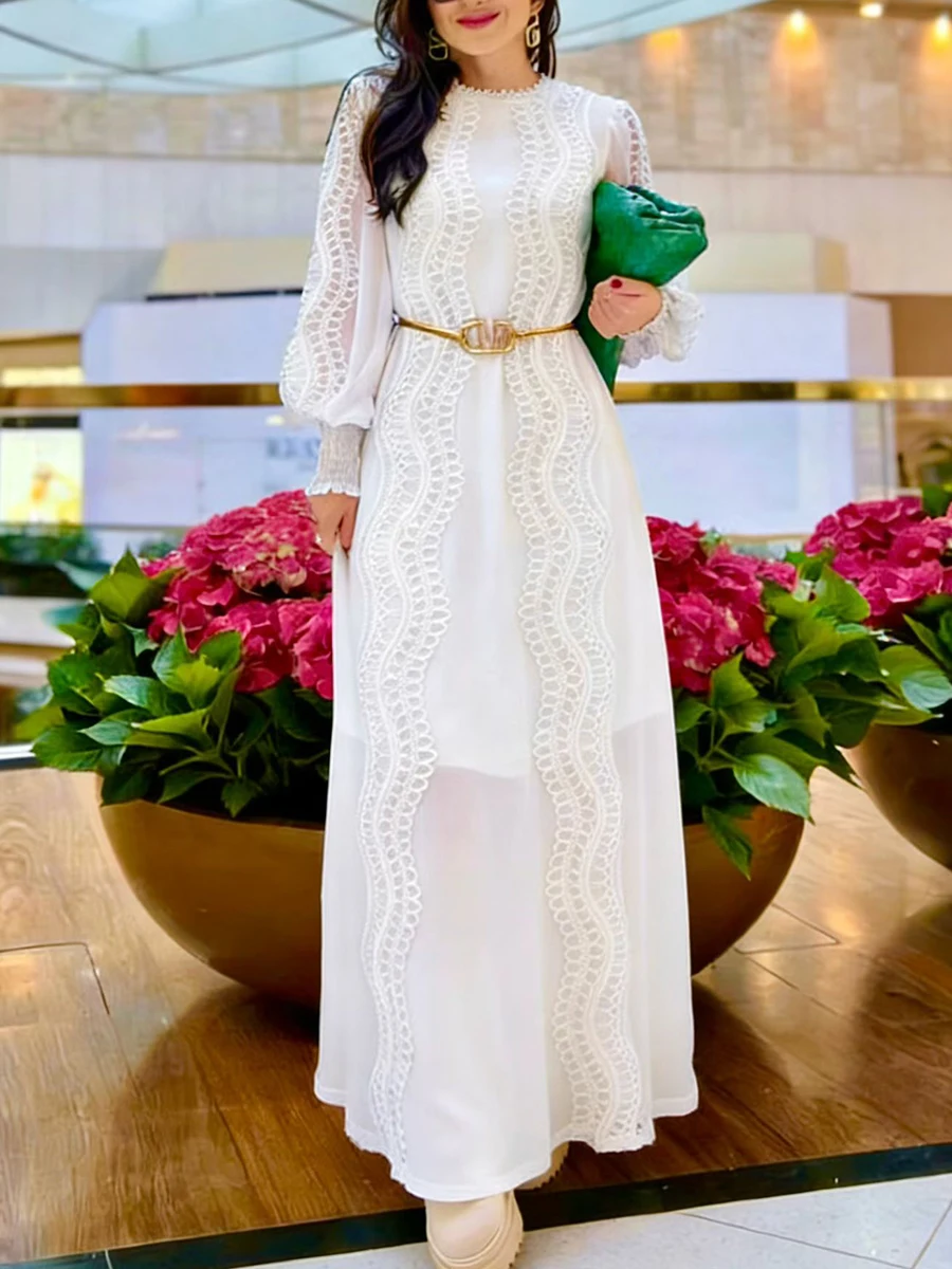 Sukienka damska VGH Solid Gentel Style, patchworkowa, z metalowymi szarfami, dekolt okrągły, rękawy typu lampion, prześwitująca koronka, elegancka, długa, nowa.