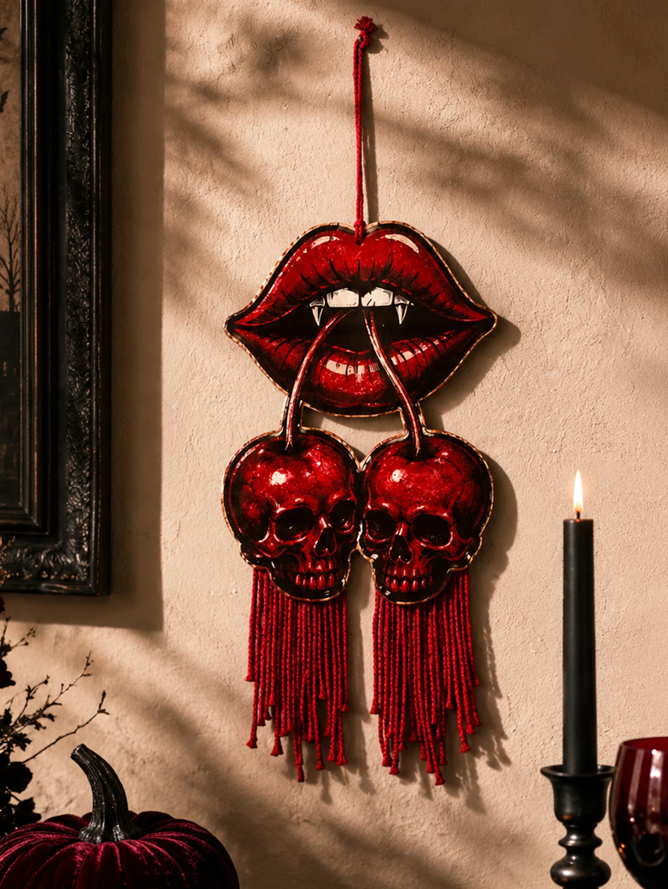 Gothic Halloween Macrame Wall Hanging Tassel Door Sign Skull Moon Vampire Lip Cherry Pumpkin Gate Pattern Home Party Wall Decor