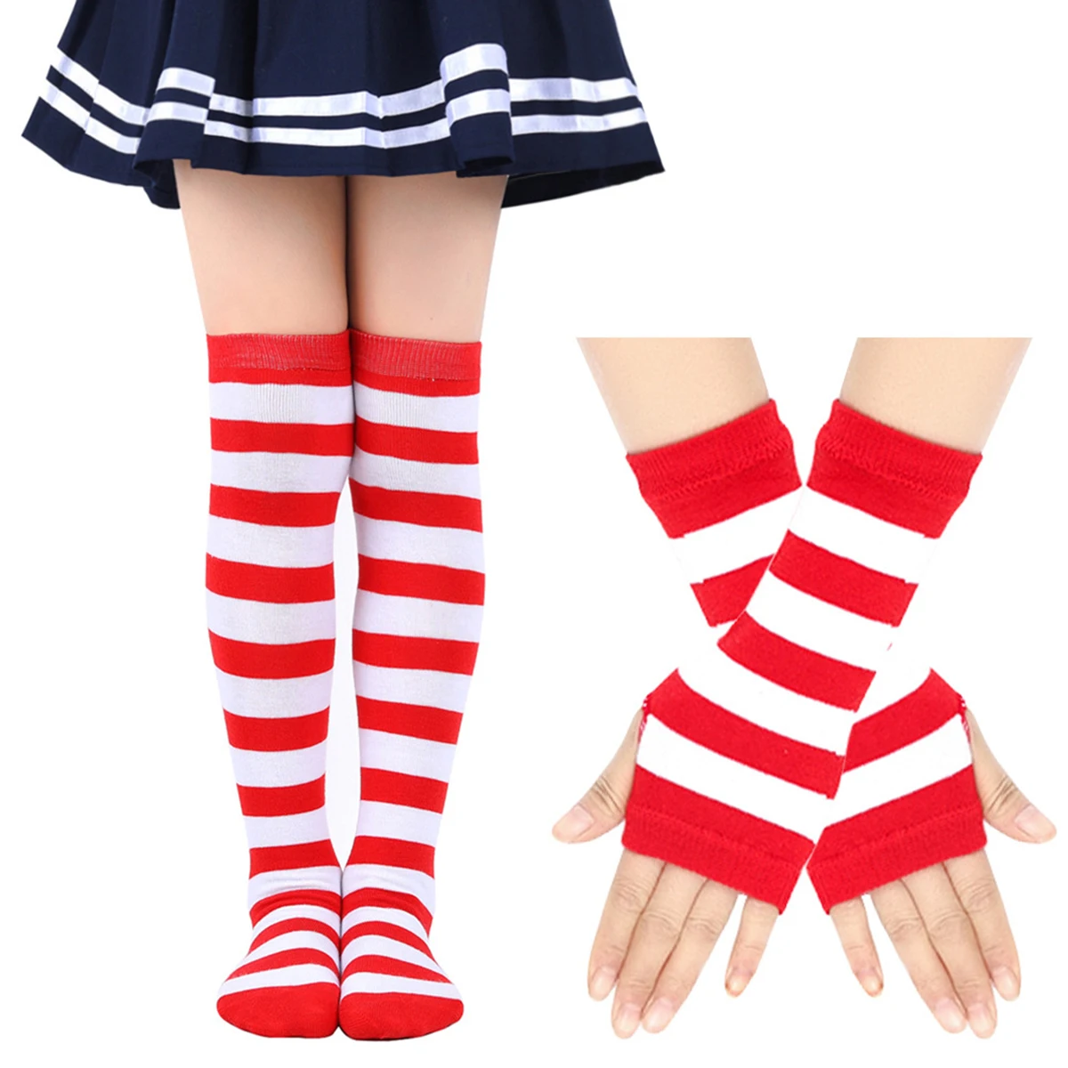 Children Girls Striped Stocking Socks Kids Knee High Socks School Girls Over The Knee Hosiery Arm Warmer Fingerless Gloves Set