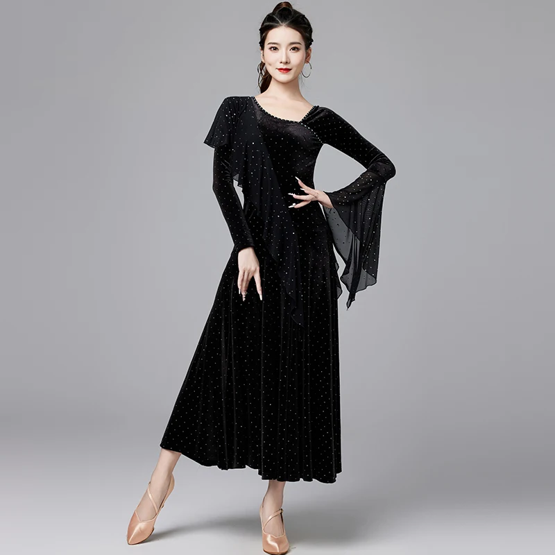 

Modern Dance Costumes For Women National Standard Clothes Waltz Ballroom Dance Competition Dress Female Velvet Dresses DQL8729