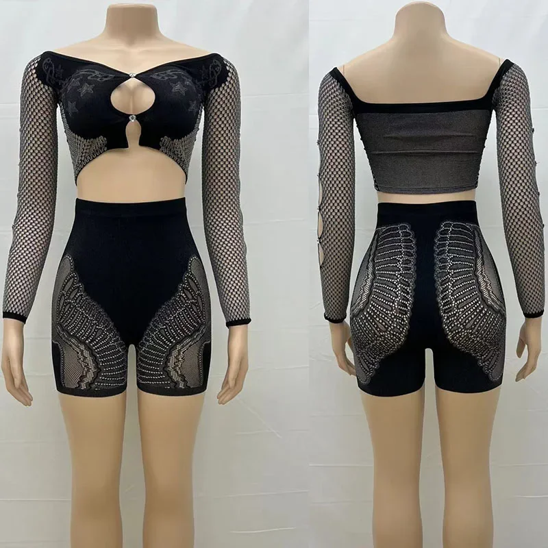 Sexy Mesh Patchwork Nightclub Outfits for Women 2 Piece Set Birthday Slash Neck Hollow Out Crop Top and Shorts Matching Sets