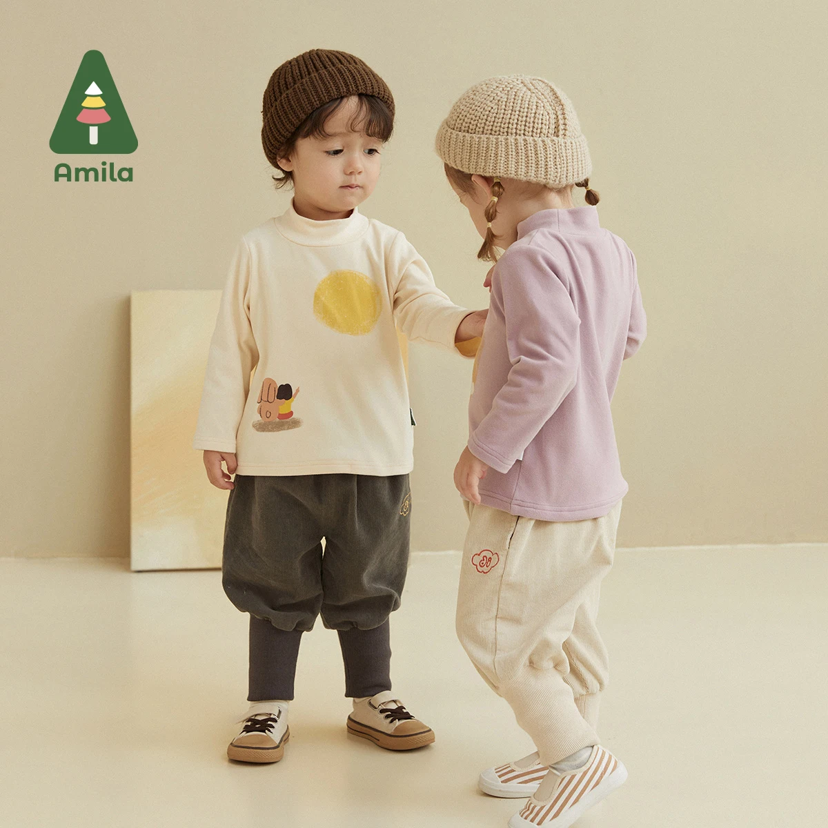 Amila Baby T-shirt 2022 Autumn New High-collar Long Sleeves for Boys and Girls Soft Moon Rabbit Children Clothes Cartoon