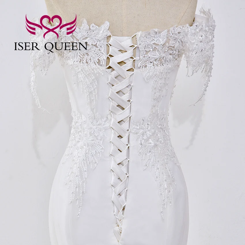 تخصيص الدانتيل يزين بسيط أنيق حورية البحر فساتين الزفاف قبالة الكتف قصيرة الأكمام بالإضافة إلى حجم فستان الزفاف WX0032