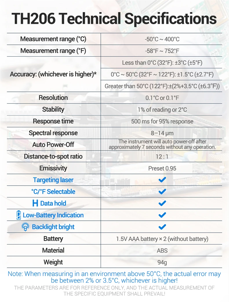 ANENG TH206 Infrarot-Thermometer ‑50 ℃ ‑400 ℃ 12:1 D:S-Verhältnis Laser-Zielung ℃ / ℉ Berührungsloser Temperaturmesser mit Datenhaltefunktion und Hintergrundbeleuchtung – Detail 12