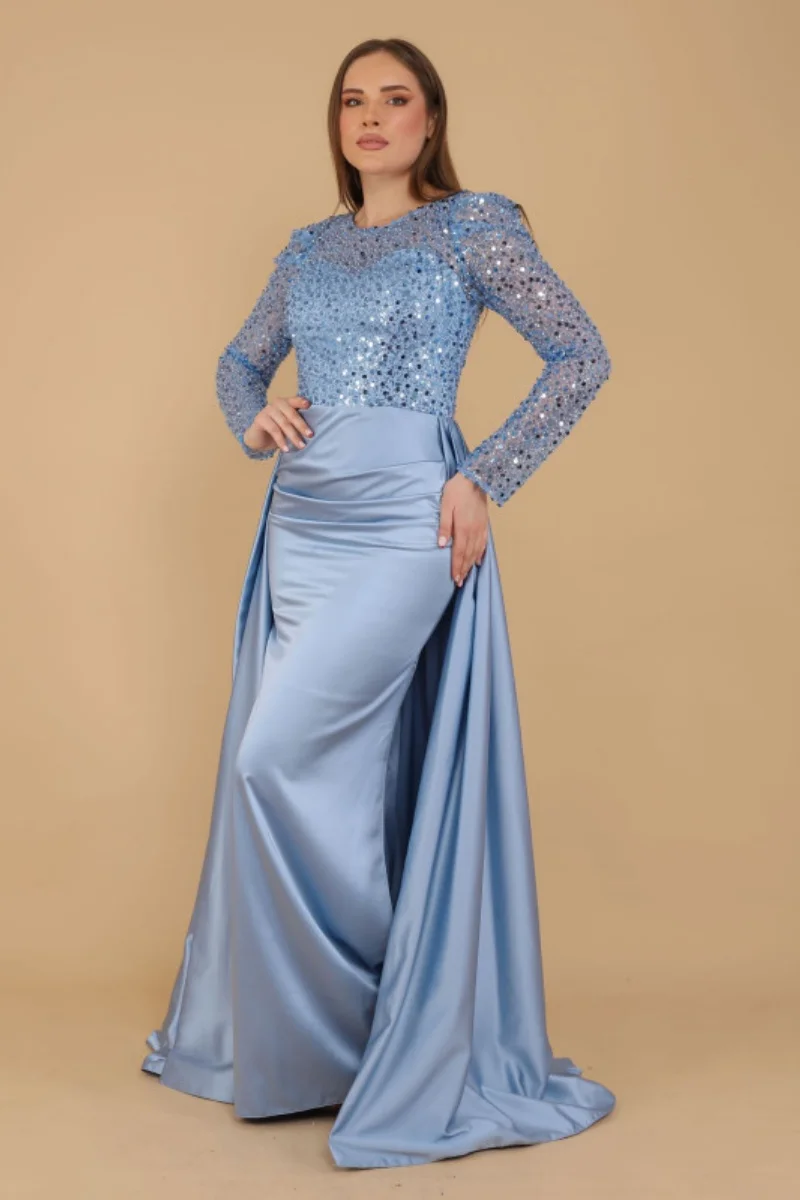 Annie Light Blue Wedding Dress Embroidered Sequins Women Prom Dresses Luxury Long Sleeve Satin Mermaid فساتين سهرة Customized