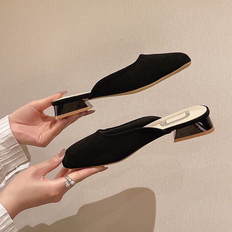 Women Mules  Summer Elegant Square Closed Toe Flat Slippers Female Shoes Casual Leather Black White Slides Plus Size 35-43