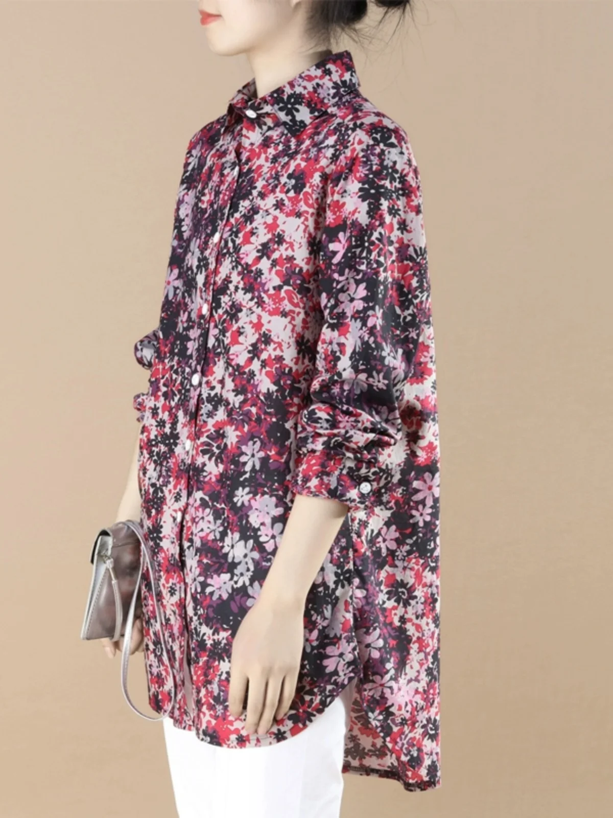 

Fall Imagery Flower Sea Printed Long Sve irt Drop Waist Conceal Meat Loose Slimming Artistic Women's Faion Cotton irt