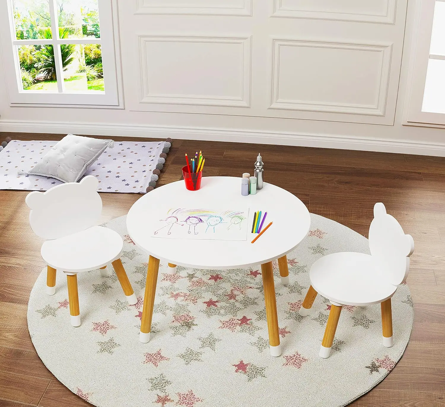 

Kids Wood Table and Chair Set, 3-Piece Round Play Table for Toddlers, White