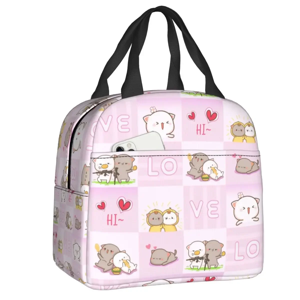 Cartoon Mochi Cat Peach And Goma Meme Lunch Bag Women Thermal Cooler Insulated Lunch Box for Work Office Travel Picnic Food Bags