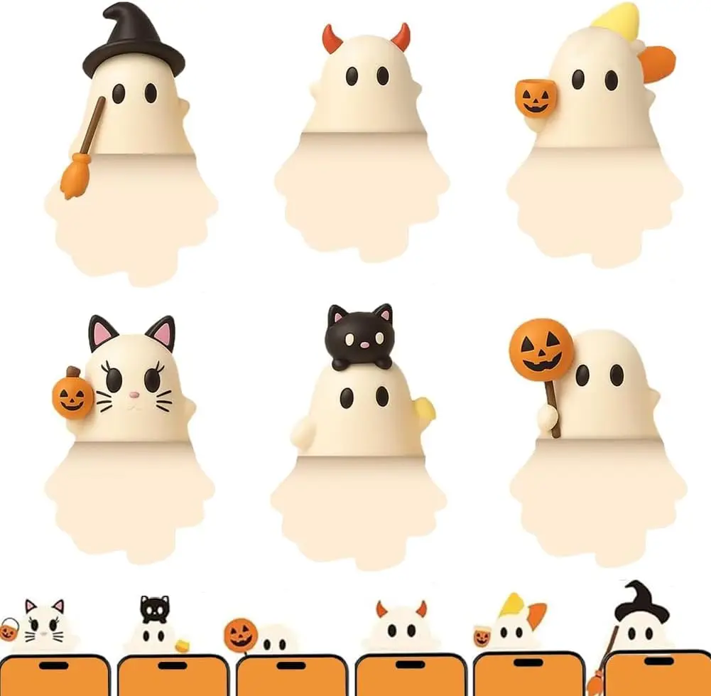 

Ghostees Mystery Phone Buddy, милые украшения для телефонов на Хэллоуин, мини-фигурка-сюрприз, фигурка-сюрприз, дизайнерская фигурка «Peel and Stick»,