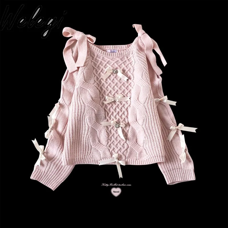 Mine Series Sweet Off-the-shoulder Bow Knitted Sweater Female Japanese Cute Loose Solid Color Long Sleeve Pullover Knitting Tops