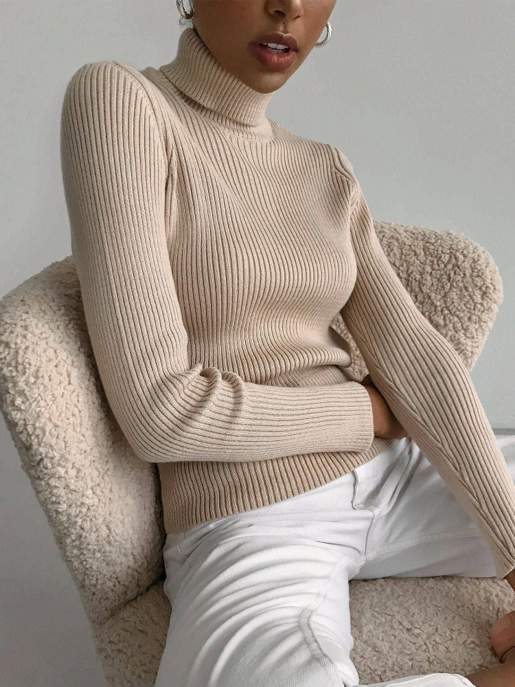 

Women high neck knitted sweater 2025 autumn American style solid fashion simple casual commute long sleeve pullover