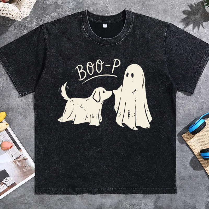 Boo-p Ghost Dog T-Shirt Men Women Funny Halloween Dog Lover T Shirt Vintage Washed Round Neck Printed Tshirts Oversized