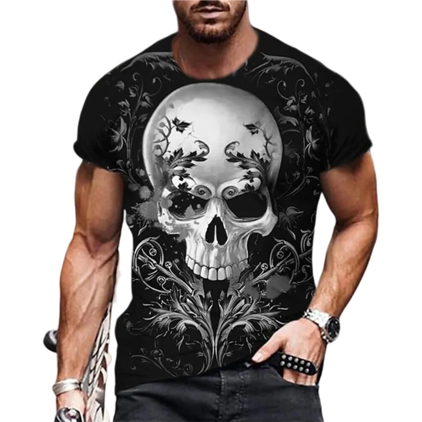 

Gothic Skull Heart Hands Graphic Black Short Sleeve Crew Neck Tee Cool Streetwear Halloween Fashion Top Men's Casual T-Shirt