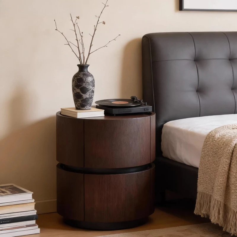

Solid wood bedside table Small modern round saddle leather locker