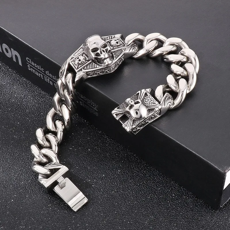 Fongten 21cm Gothic Skeleton Charm Bracelet For Women Cuban Chain Stainless Steel Bracelet Men Bangle Silver Color Wrist Jewelry