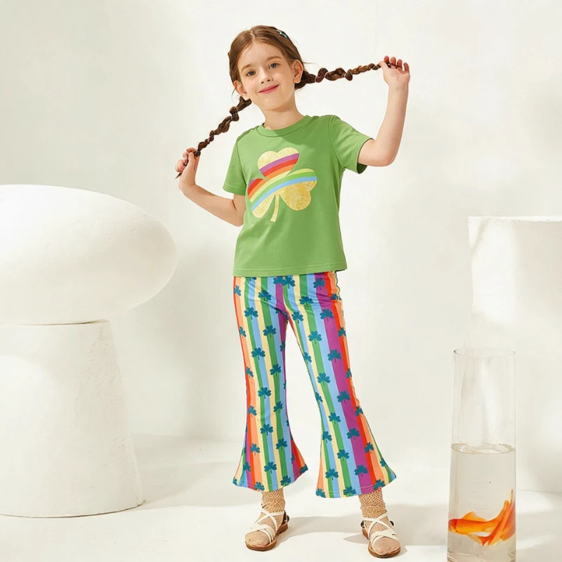 

2026 Spring/Summer New Children's Clover Pattern Cotton T-shirt and Rainbow Striped Pants Two Piece Set