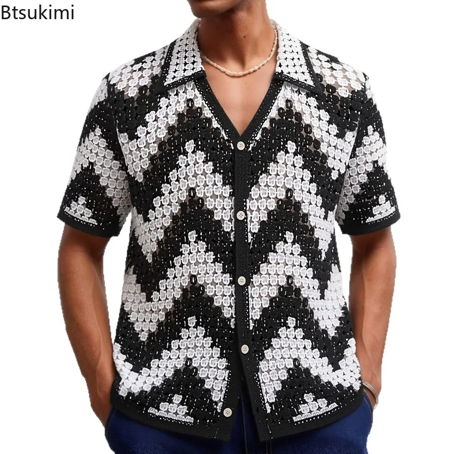 New Men's Short Sleeve Knitted Polo Shirts Retro Jacquard Loose Casual Hollow Out Shirts Ethnic Style Crochet Knit Cardigan Tops