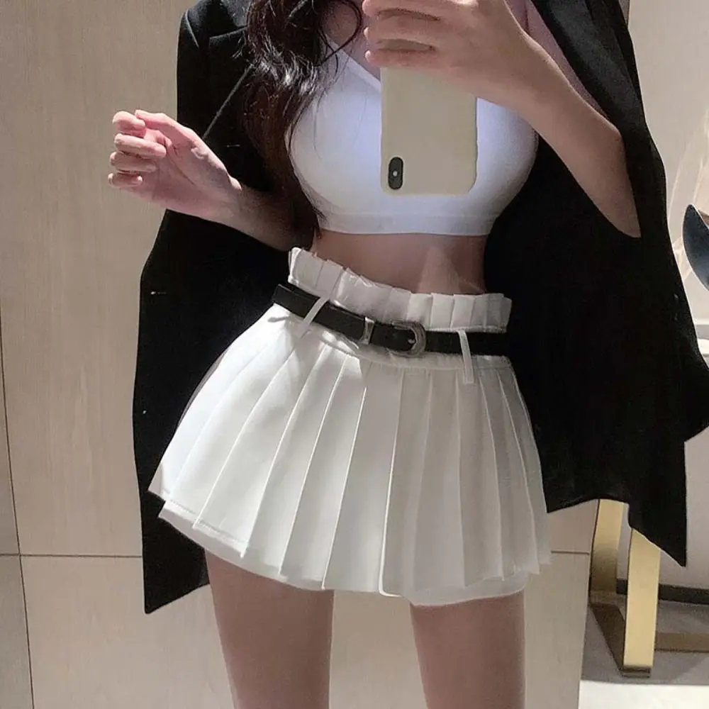 

Simple Y2K A-Line Mini Skirts JK Sweet Pleated Skirt With Belt Preppy Style High Waist Skirts with Safty Pants Streetwear