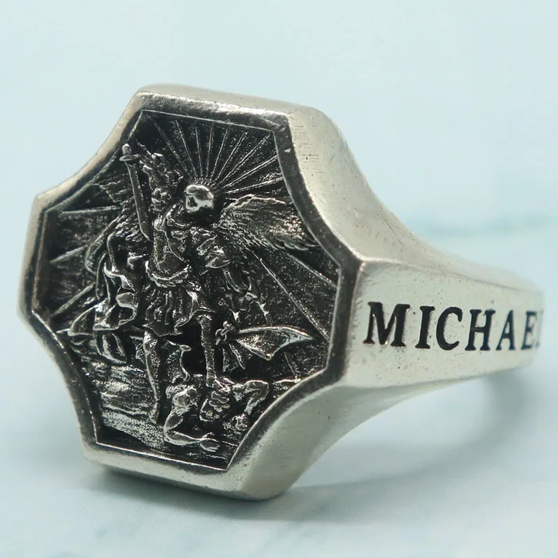 Buy 4 Get 1 Free 24x21mm 10.3g Archangel Michael Defeating Satan Men’s Silver Rings Prevent Allergy Many Sizes SheCrown