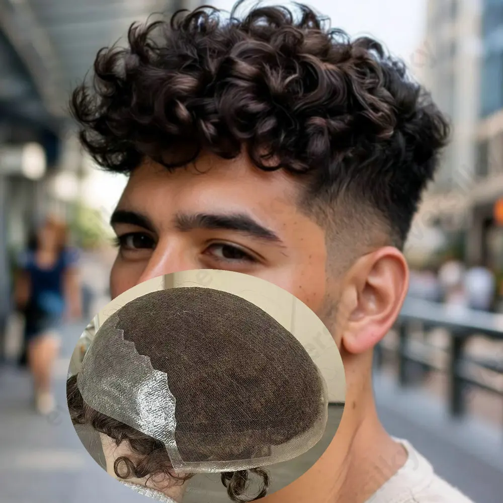 20mm Lockiges, super langlebiges Q6Men Toupet, grau, schwarz, blond, Echthaar, französische Spitze & dünne PU-Basis, unsichtbare, gebleichte Knoten, Herrenperücke – Detail 3