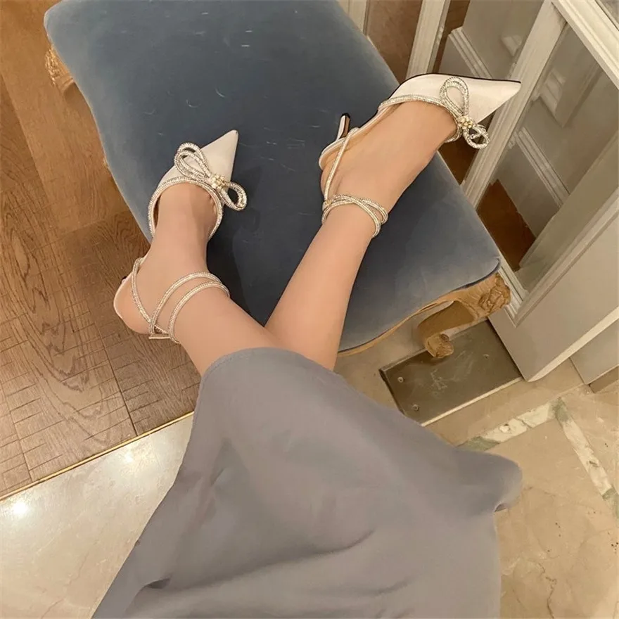 Fashion Diamond Bowknot Women Sandals 2026 Korean Pointy Crystal Buckle Black Pink Silk Wedding Party Dress Lady Shoes High Heel - view 6
