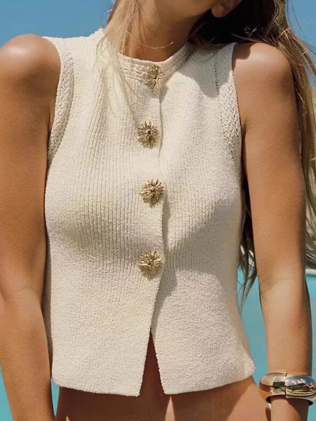 

Новинка осени 2024, женский высококачественный вязаный круглый жилет Ne Svel, простой топ для поездок на работу, чистый цвет, другой материал 00%