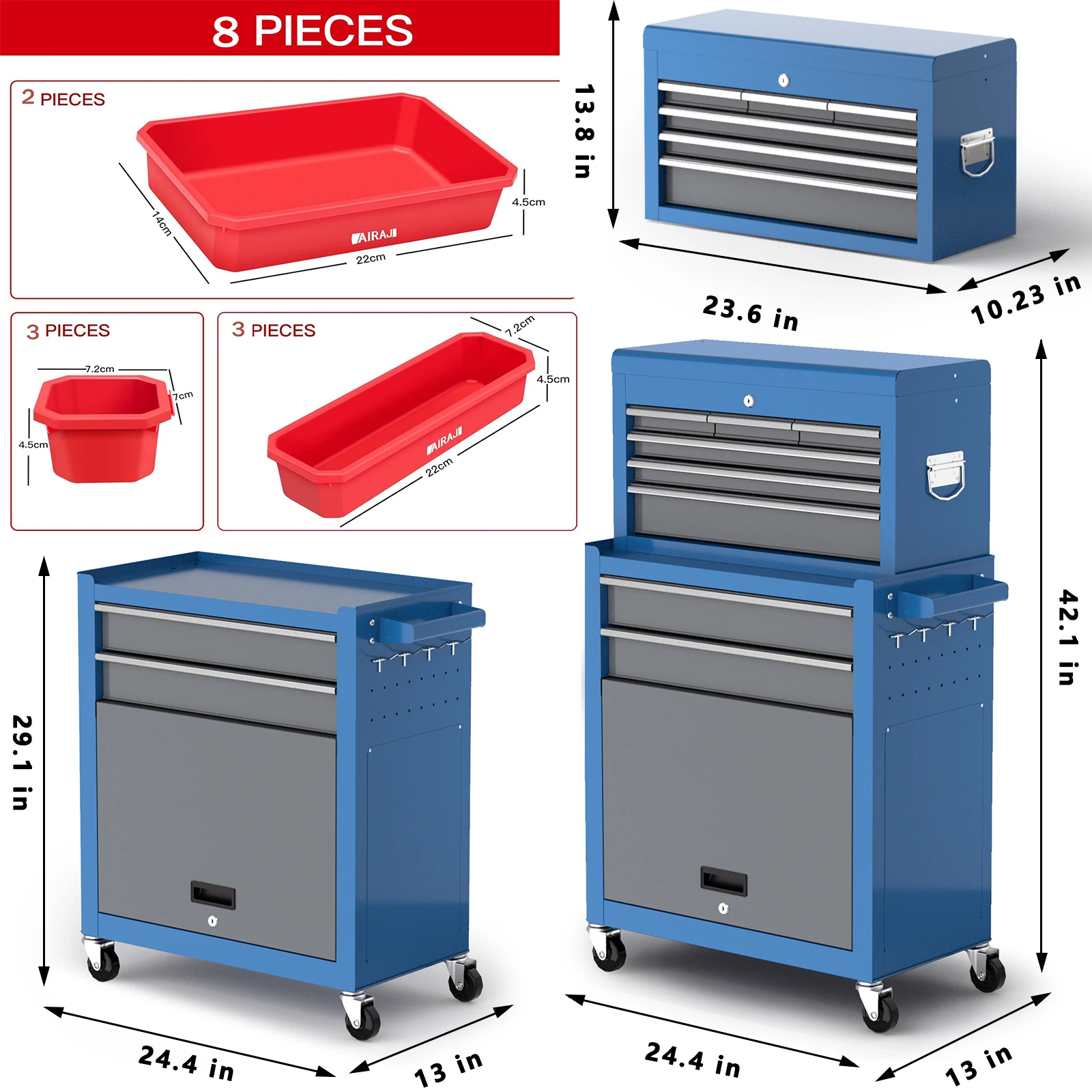 AIRAJ Tool Chest,8-Drawers Rolling Tool Chest with Wheels,Detachable Tool Storage Cabinet with Tool Box Organizer Tray Divider S