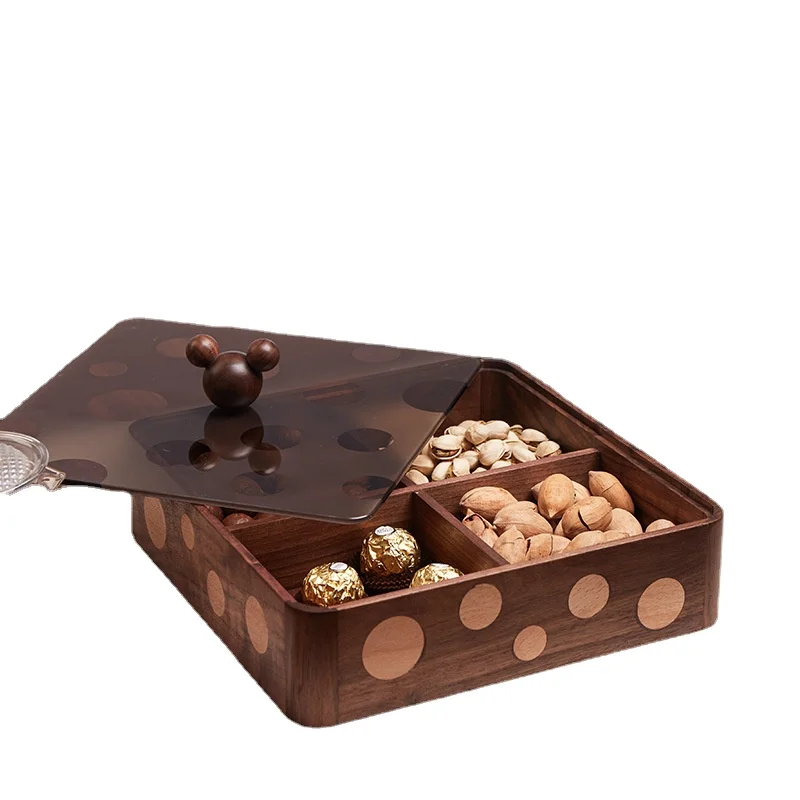 polka dot fruit plate, tempered glass lid, walnut wood dried fruit plate, storage goodies, solid wood dried fruit box, household