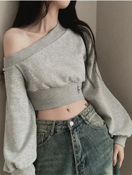 Harajuku Women Irregular Off Shoulder Hoodies Long Sleeve Sexy Crop Tops Y2k Streetwear Pullovers Sweatshirt 2024 Autumn Winter