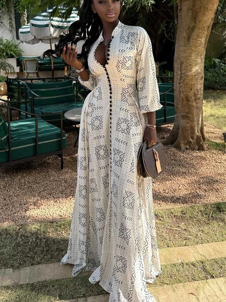 Women Curvy Spring Dresses Button-up Casual Daytime Wear Ladies White Long Sleeve Dress Elegant and Flowy African Dresses Maxi