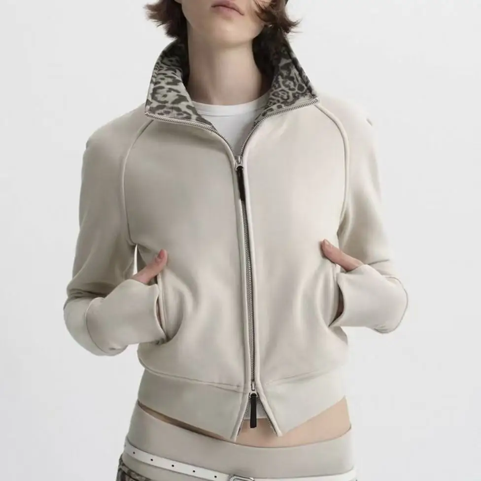 Retro Leopard Print Splicing Slim-fitting Short Velvet Stand-up Collar Zipper Design Slim-fitting Jacket Jacket Top Women