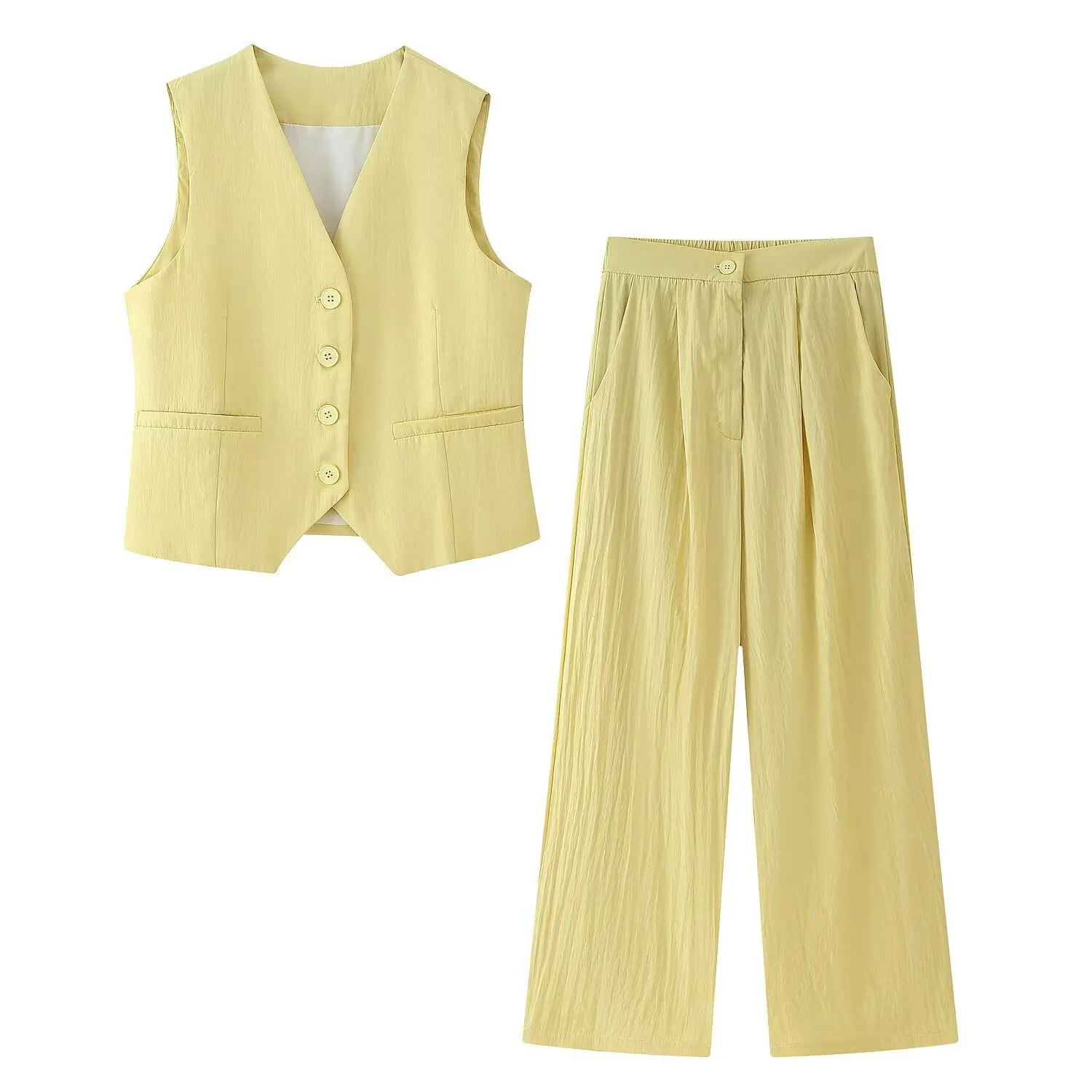 

Fashion Solid Pants Suit Women's New Fashion V-neck Single-buttoVest+Long Pants Set High-Waisted Side Wide-leg Casual Pant