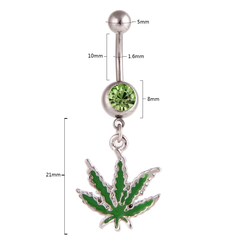 1PC Green Maple Leaf Belly Navel Ring Leaves Weed Dangle belly Button Body Piercing Jewelry Surgical steel Bar