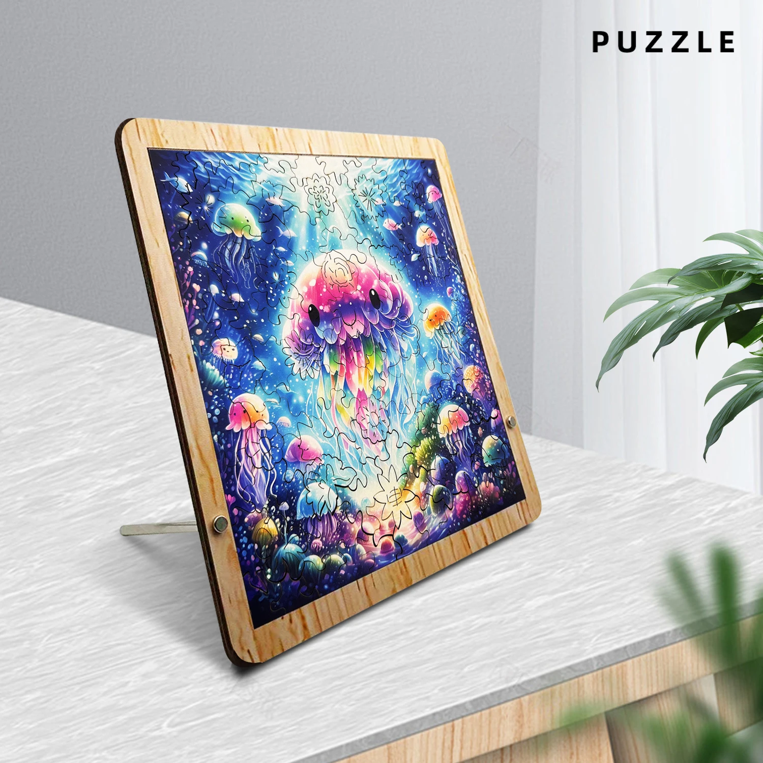 Puzzle in legno con meduse da 115 pezzi per adulti con piastra di base, puzzle in legno di forma unica, decorazioni per la casa di arte moderna