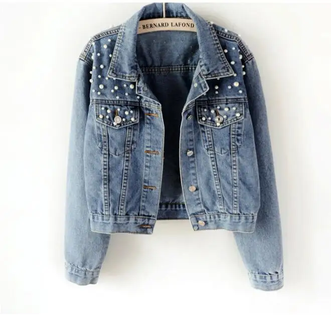 

VOLALO New 2024 Pearl Beaded Short Denim Jacket 5Xl Women's Long Sleeve Retro Casual Denim Jacket Bomber Denim Jacket