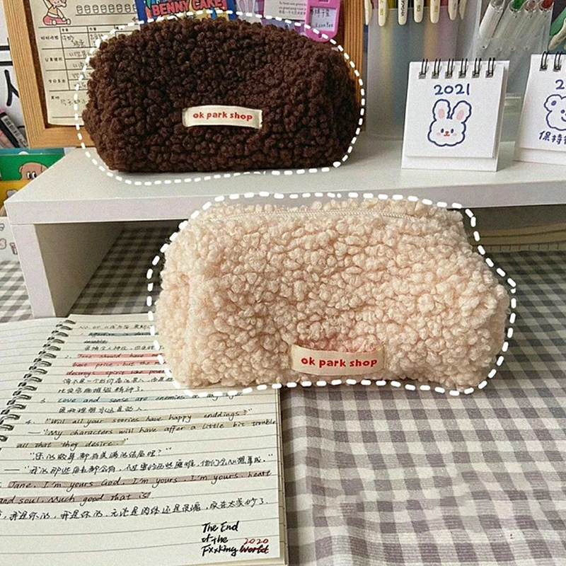 1pc Cute Shmere Pencil Bag Case Plush Pencil Bag Zipper Makeup Storage Bag Pen Pouch Bag School Office Supplies Stationary Case