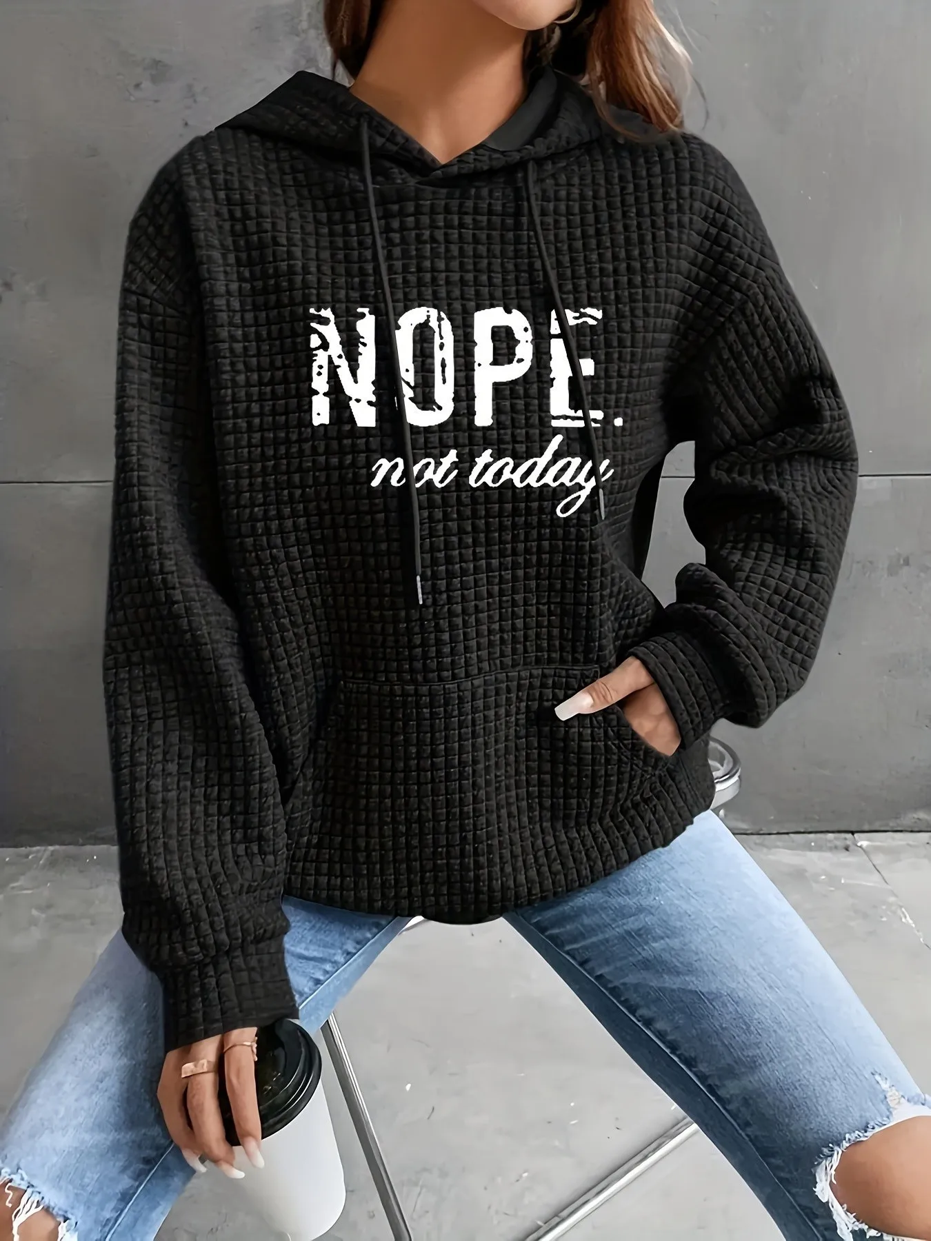 Women's Thick Waffle Knit Crew Neck Sweatshirt with Pocket – Solid Color Hip Length Winter Hoodie for Women's Winter Clothing