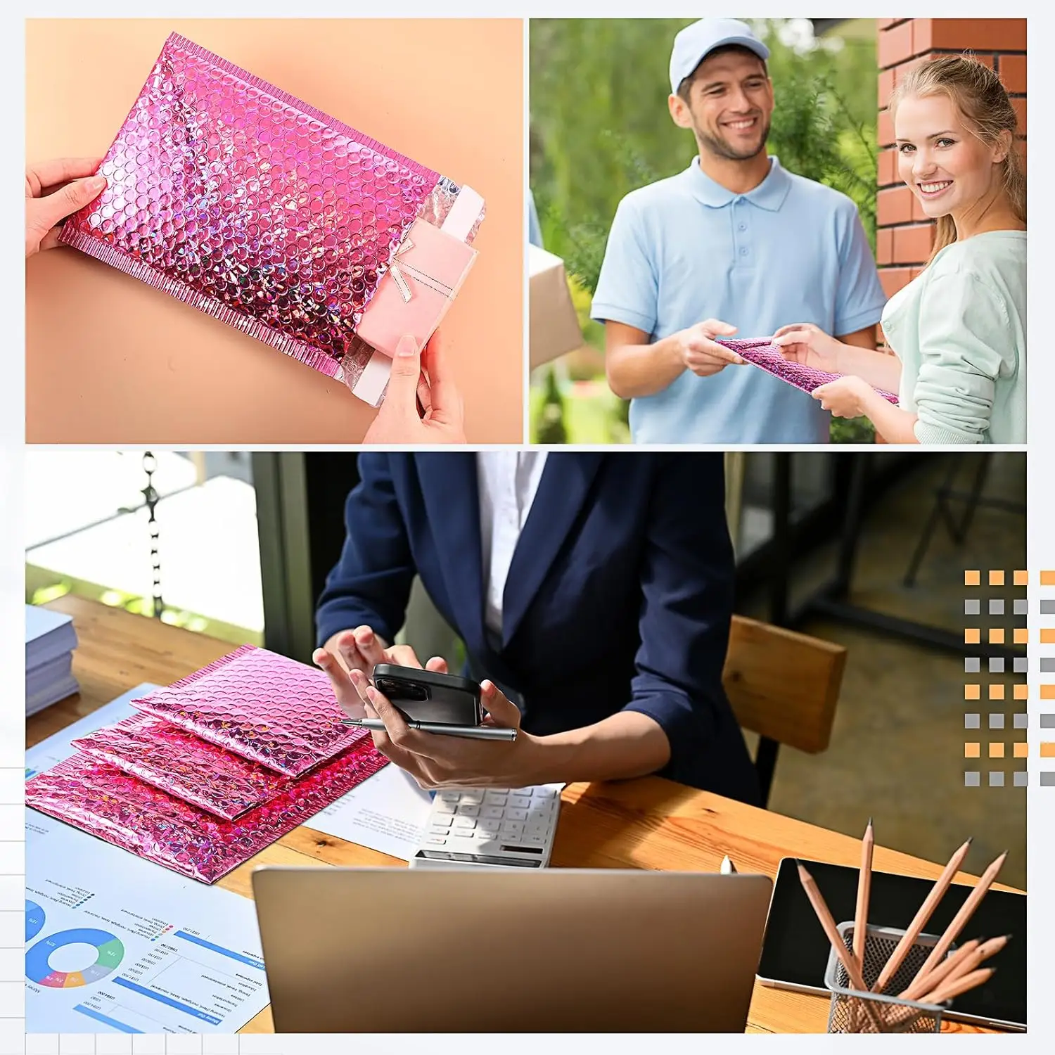 100 Pieces Rose red Holographic Bubble Mailer Laser Mailing Envelope Waterproof Courier Bag Padded Bubble Envelopes