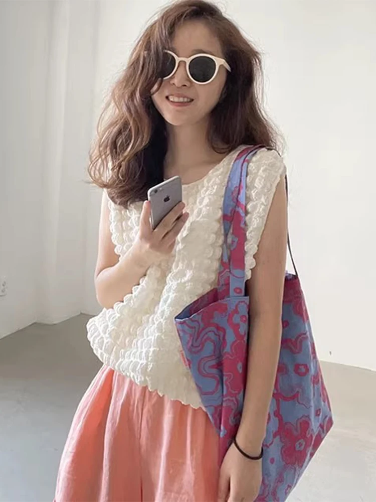 

Loose Bubble Pattern Vest irt Women's Summer New Sle Versatile Svel Top Korean Sle round Ne Casual Wear