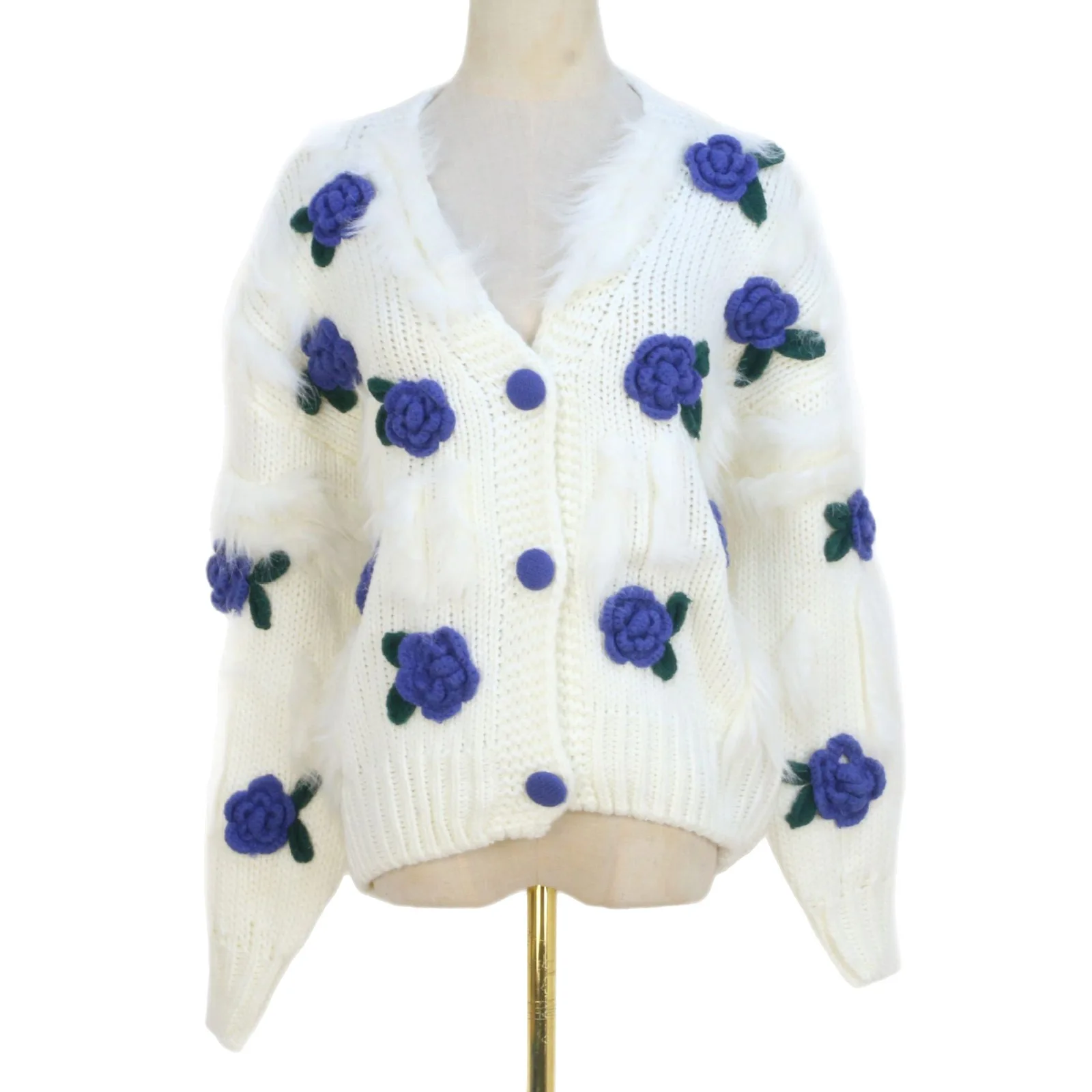 

Bohemian Chic Blue Rose Flower Cardigan Sweater Holiday Knitted Cardigan Thick Warm Autumn And Winter Long Sleeve Knitted Tops