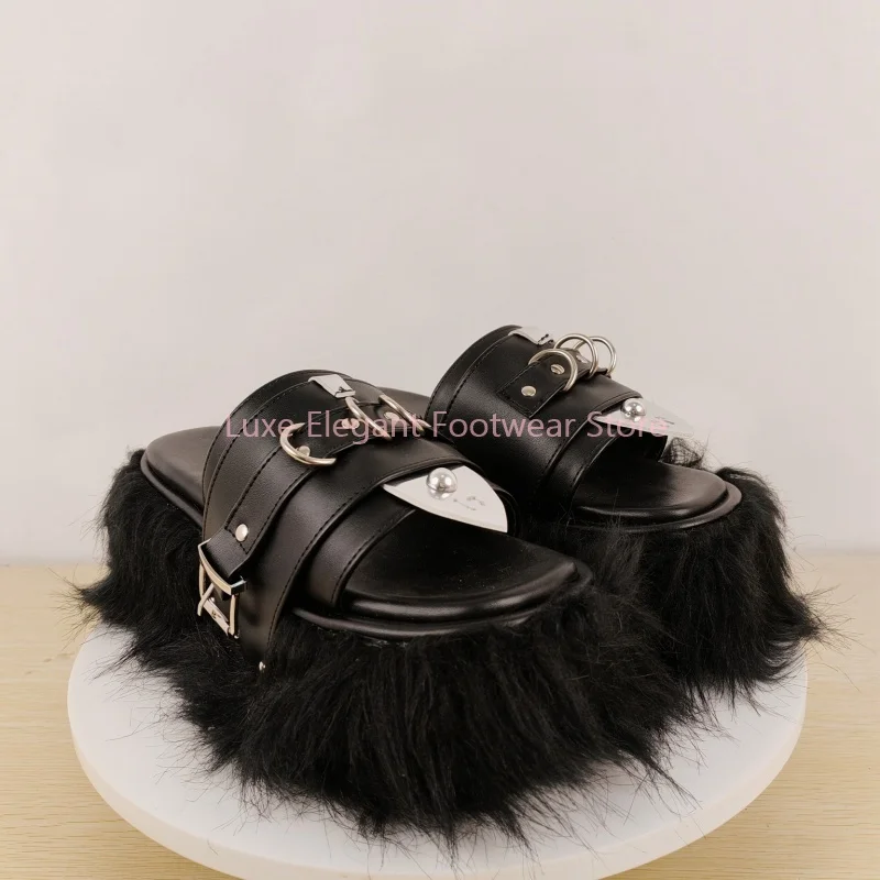 Black Furry Platform Belt Buckle Peep Toe Slippers Women Helght Increasing Leather Slip On Slippers Punk Gothic Party Sandals view 6
