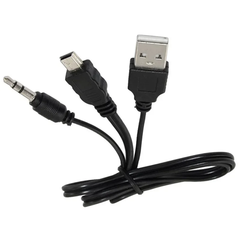 High Quality Black USB2.0 A Male To Mini B Male + 3.5mm Audio AUX 1 To 2 Audio CableAdapter Charger Cable Cord 0.5m