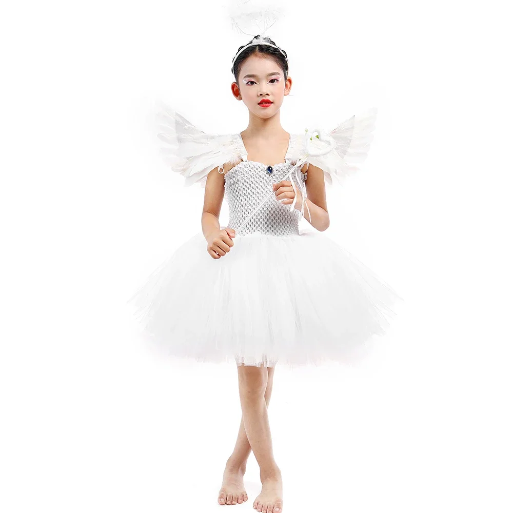 Black Dark Fallen Angel and White Guardian Angel Costume for Girls Kids Christmas Halloween Party Fancy Tutu Dress Up with Wings