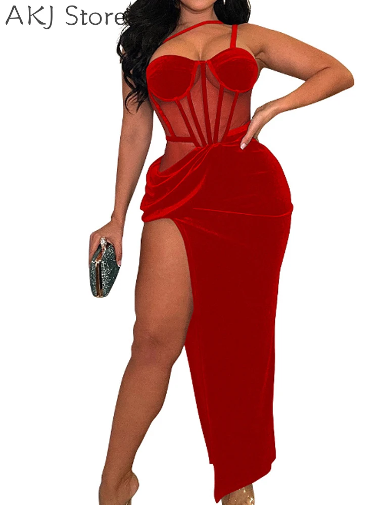 Sexy One Shoulder Velvet Party Dress Sheer Mesh Patchwork Sleeveless Backless Irregular Long Dress