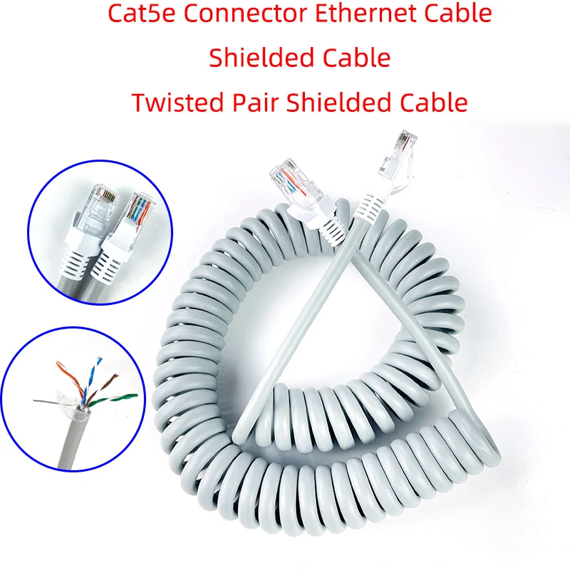 Gray Spiral Spring Cat5 Connector Ethernet Shielded Cable 8Core Shielded Signal Copper Wire Gigabit network Cable Crystal Head